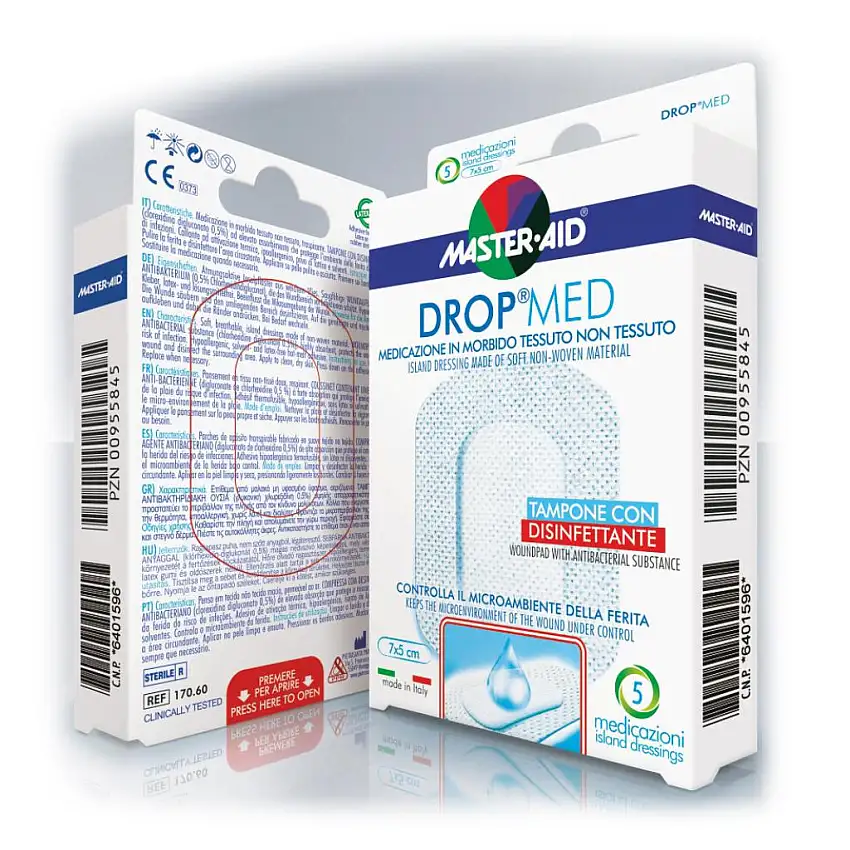 MEDICAZIONE COMPRESSA AUTOADESIVA DERMOATTIVA IPOALLERGENICA AERATA MASTER-AID DROP MED 10X6 5 PEZZI