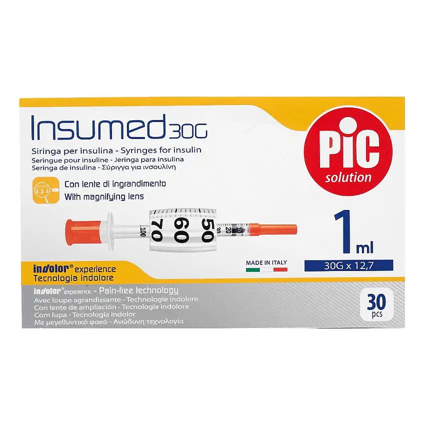 SIRINGA PER INSULINA PIC INSUMED 0,5 ML 100 UI AGO GAUGE 30 LUNGHEZZA 8 MM SENZA SPAZIO MORTO 3 SACCHETTI DA 10 PEZZI