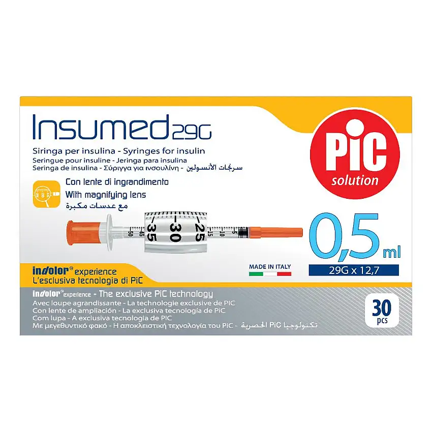 SIRINGA PER INSULINA PIC INSUMED 0,5 ML 100 UI AGO GAUGE 29 LUNGHEZZA 12,7 MM SENZA SPAZIO MORTO 3 SACCHETTI DA 30 PEZZI