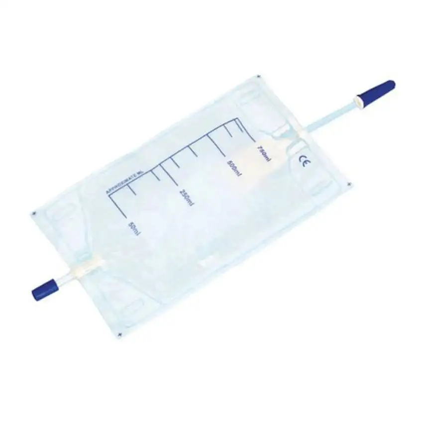 SACCA PER URINA DA GAMBA IN PVC CON TUBO DI SCARICO LUNGHEZZA 35CM PER COLLEGAMENTO AL POLPACCIO CAPACITA' 750ML COMPLETO DI VALVOLA ANTIREFLUSSO CONFEZIONE DA 30 PEZZI