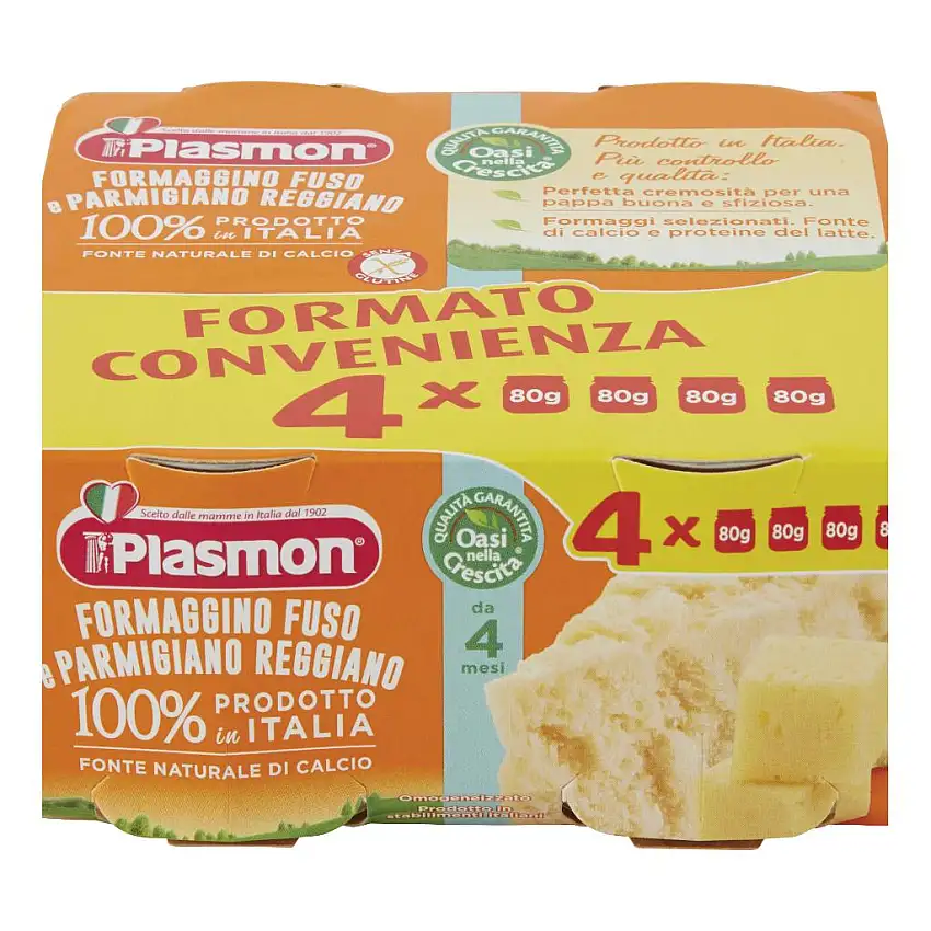 PLASMON OMOGENEIZZATO FORMAGGINO FUSO E PARMIGIANO REGGIANO 4 PEZZI 80 G