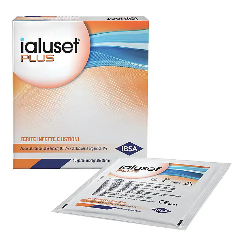 GARZA IALUSET PLUS IMPREGNATA DI CREMA DI ACIDO IALURONICO 0,05%, DI SULFADIAZINA ARGENTICA 1%, MACROGOL, GLICEROLO E ACQUA 10 X 10 CM 10 PEZZI