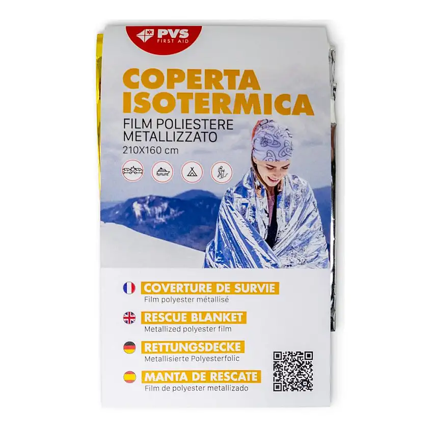 COPERTA ISOTERMICA IN FILM DI POLIESTERE CON ALLUMINIO LATO ARGENTO PROTEZIONE DA CALDO LATO ORO PROTEZIONE DA FREDDO DIMENSIONI 210X160 CM PESO 63 G