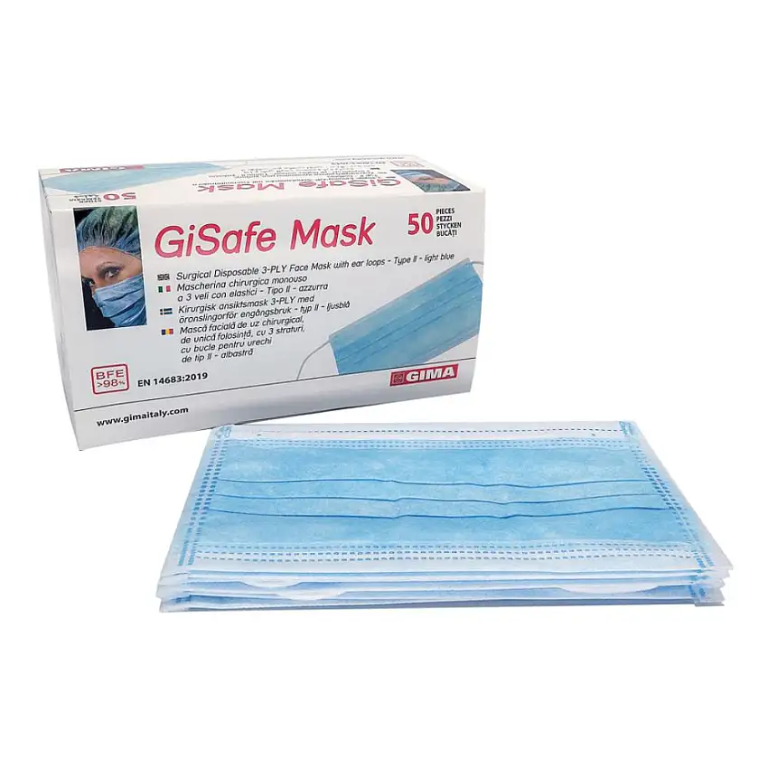 MASCHERINA CHIRURGICA 3 VELI FILTRO 98% CON ELASTICI COLORE AZZURRO 50 PEZZI