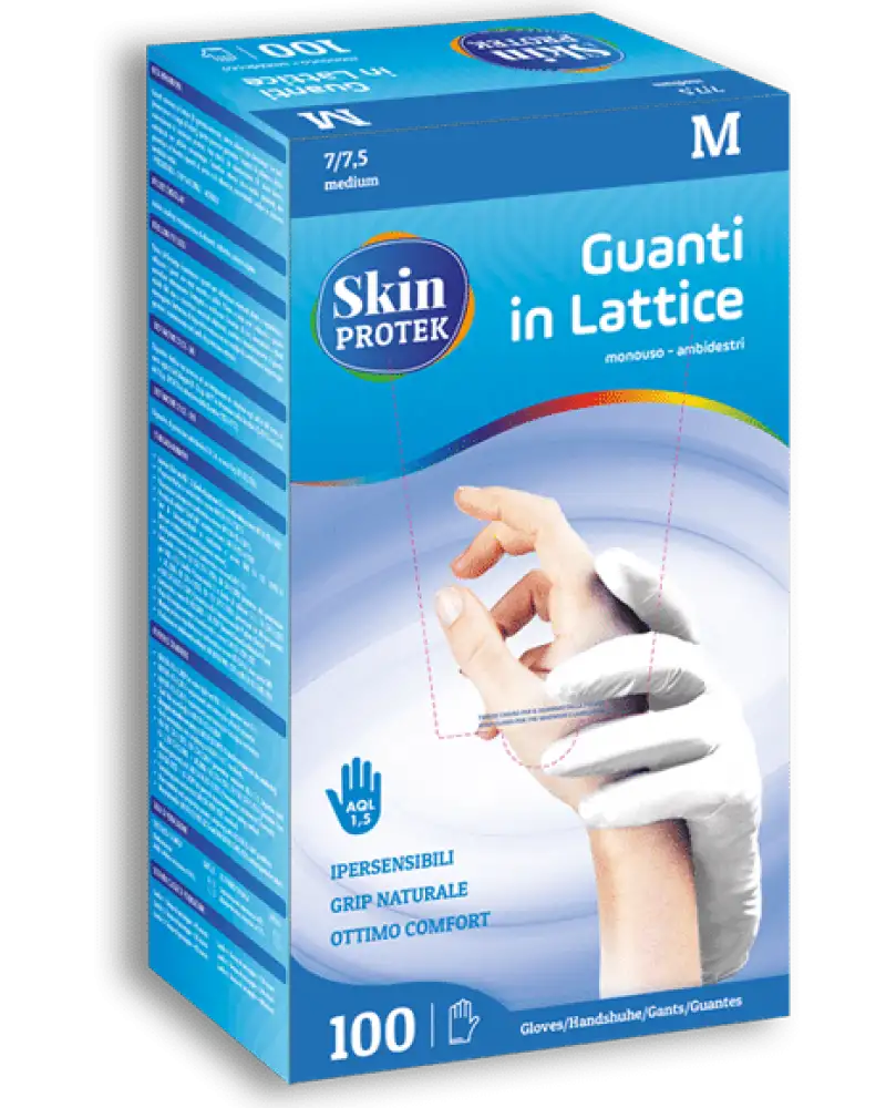 GUANTO NON CHIRURGICO IN LATTICE PROTEX MONOUSO CON AMIDO DI MAIS SKIN PROTEK AMBIDESTRO POLSINO SALVASTRAPPO MISURA MEDIUM 100 PEZZI