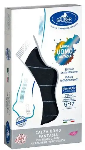 SAUBER CALZA UOMO FANTASIA Q-SKIN 70 DEN BLU RIGA SOTTILE GHIACCIO TAGLIA G