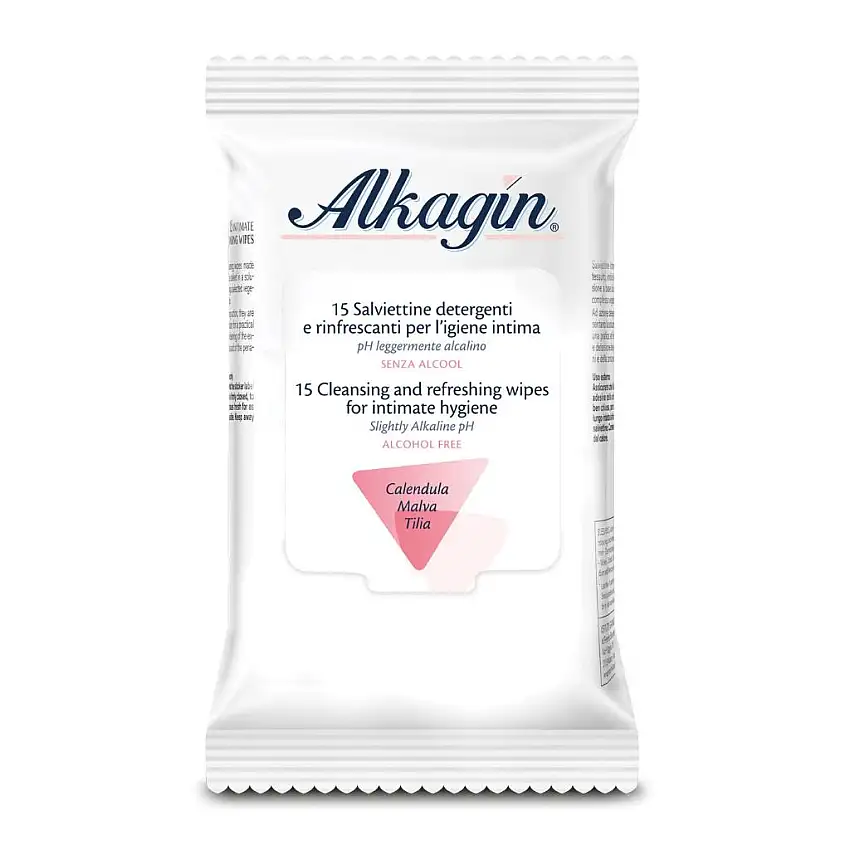 ALKAGIN SALVIETTINE DETERGENTI E RINFRESCANTI PER L'IGIENE INTIMA PH LEGGERMENTE ALCALINO SENZA ALCOOL 15 PEZZI CALENDULA MALVA E TILIA