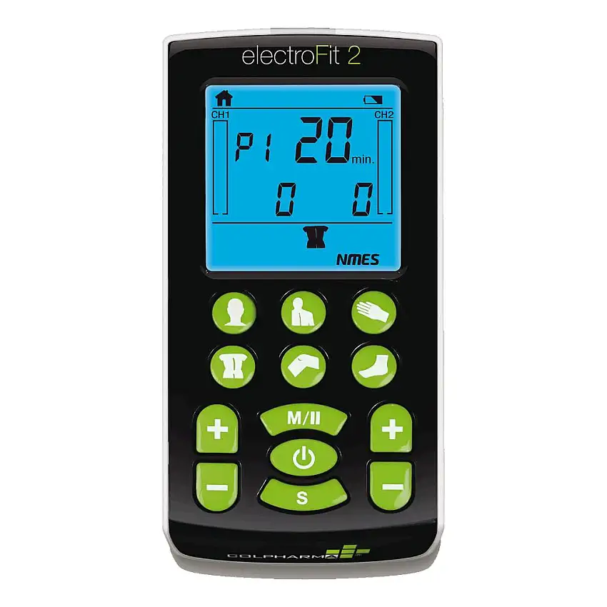 COLPHARMA ELECTROFIT 2 ELETTROSTIMOLATORE MUSCOLARE E TENS A 2 CANALI CON 4 ELETTRODI PICCOLI 40 X 40 MM + CARICABATTERIE + 2 CAVI PER ELETTRODI