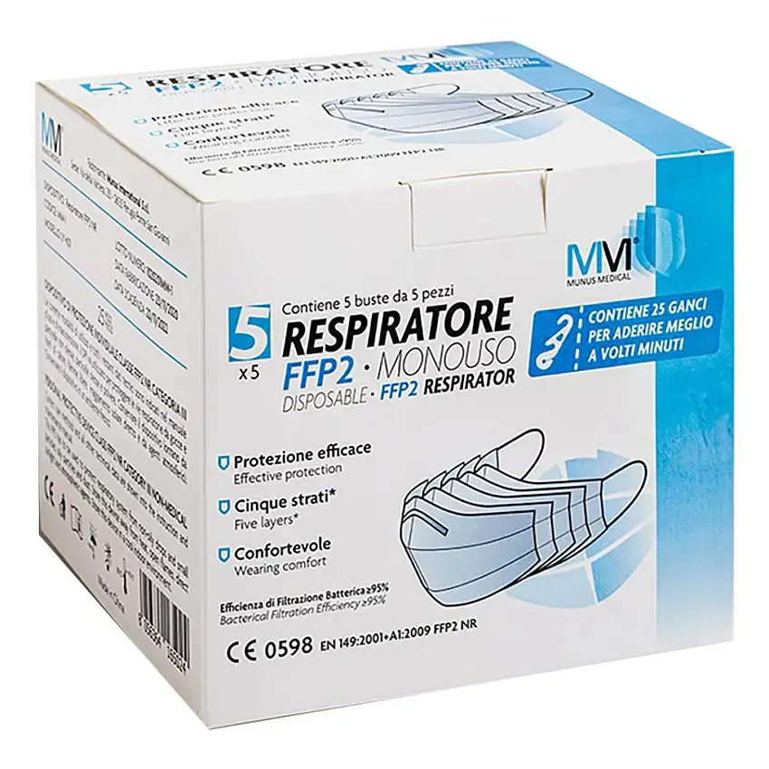 MUNUS MED RESPIRATORE FFP2 CLASSE III + GANCIO ADATTATORE 5 BUSTE DA 5 PEZZI