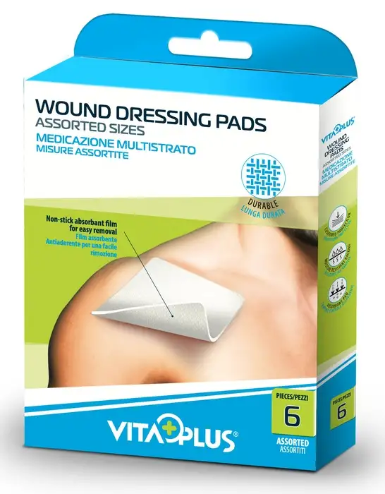 VITAPLUS PISPO GARZA MULTISTRATO PER MEDICAZIONE 10X10 CM 2 PEZZI + 7,5X5 CM 2 PEZZI + 5X5 CM 2 PEZZI