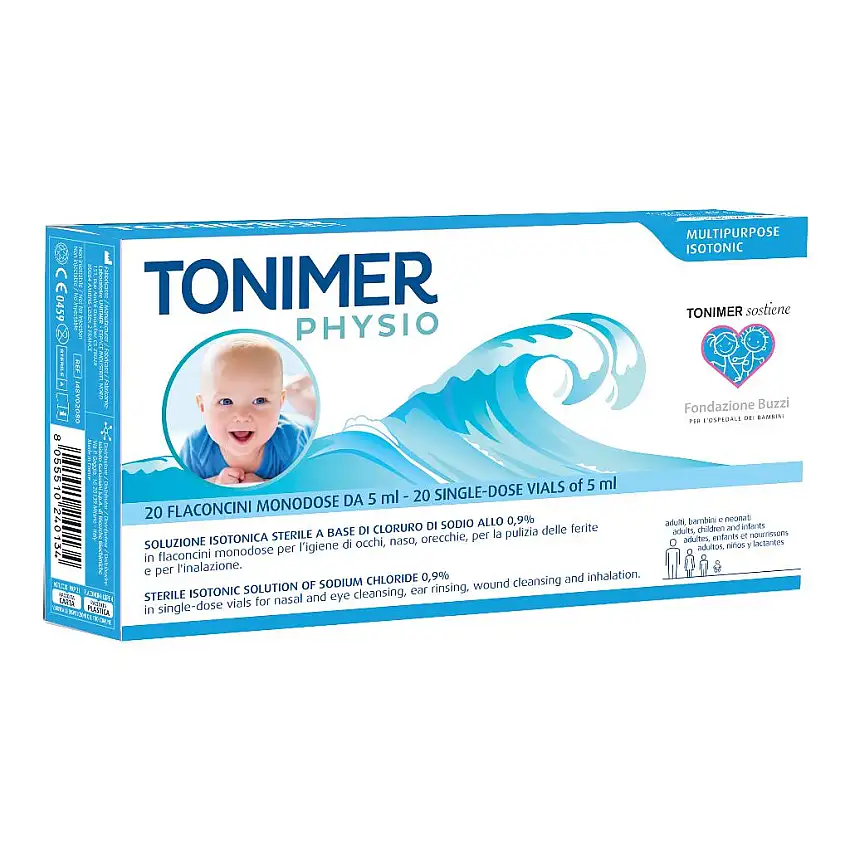 TONIMER PHYSIO MONODOSE SOLUZIONE ISOTONICA MULTIFUNZIONE A BASE DI CLORURO DI SODIO 0,9% 20 FLACONCINI 5 ML
