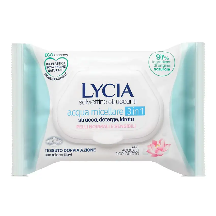 LYCIA SALVIETTINE STRUCCANTI ACQUA MICELLARE 3 IN 1 20 PEZZI