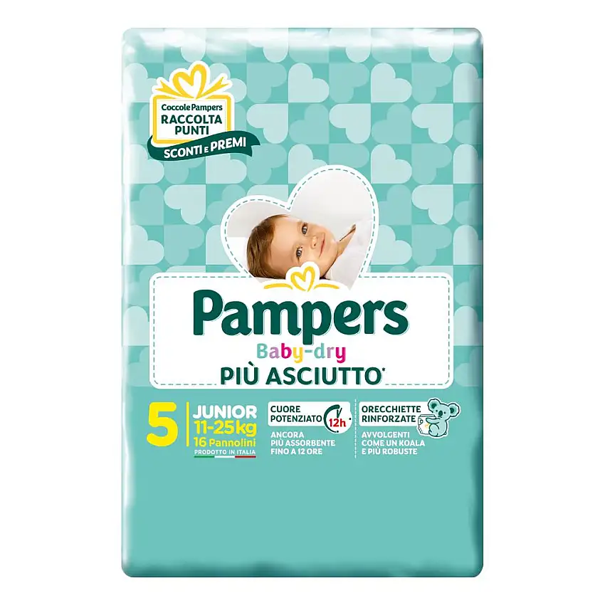 PAMPERS BABY DRY PANNOLINI DOWNCOUNT JUNIOR 16 PEZZI