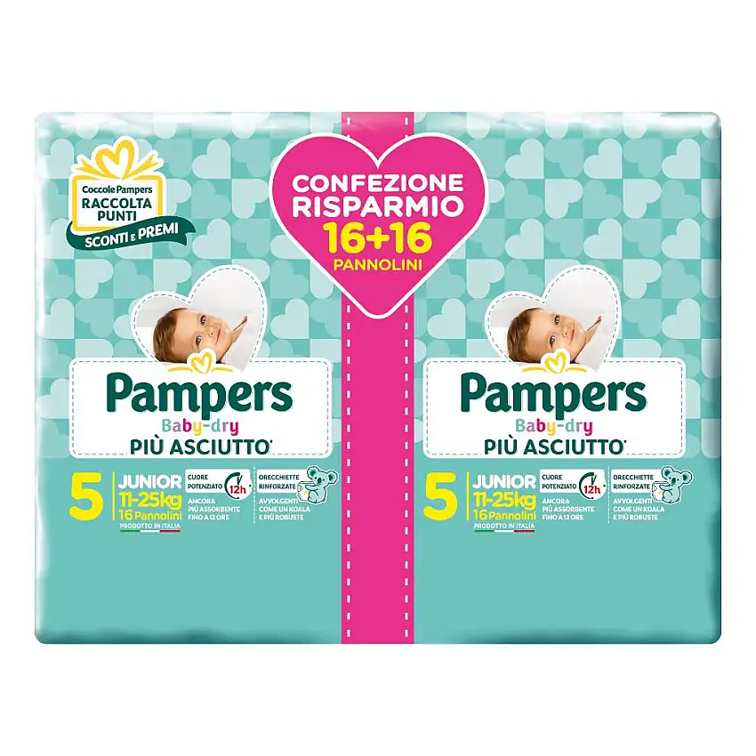 PAMPERS BABY DRY PANNOLINI DUO DOWNCOUNT JUNIOR 32 PEZZI