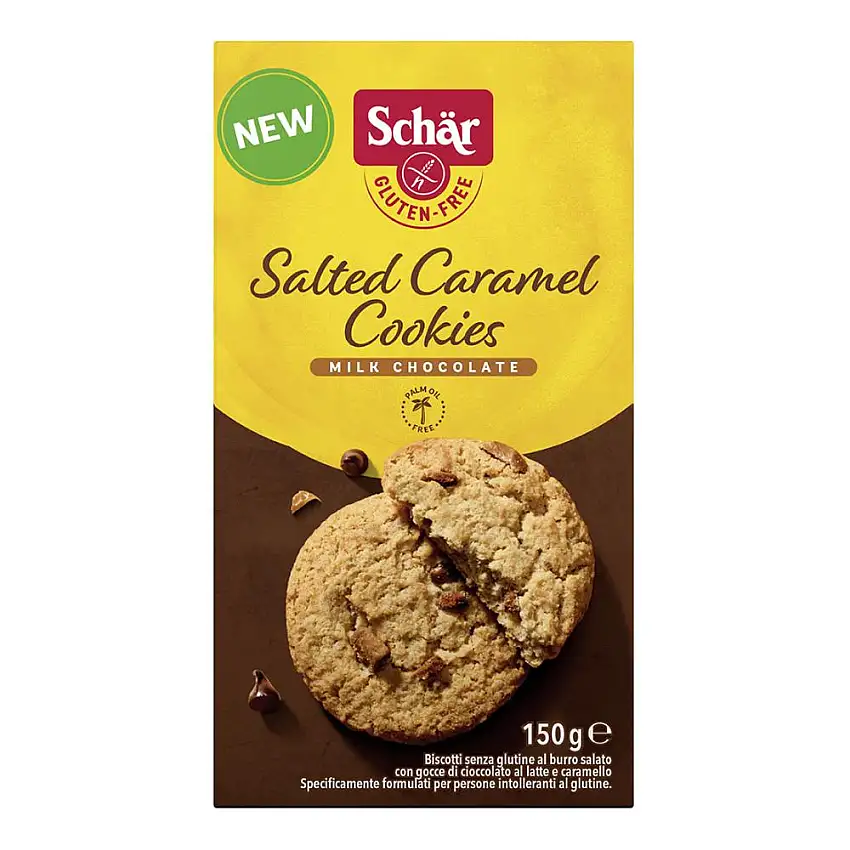 SCHAR SALTED CARAMEL COOKIES CON GOCCE DI CIOCCOLATO AL LATTE E CARAMELLO 150 G